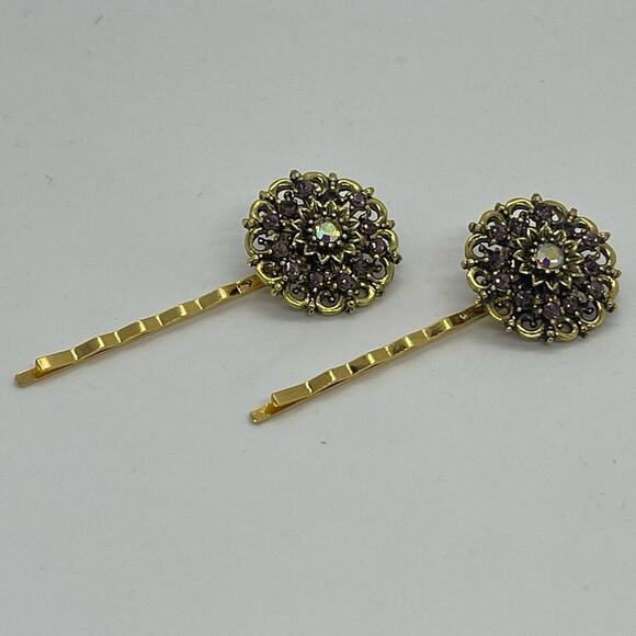 Handmade Purple Rhinestone Gold Set Hair Clips Whimsical HoCo Fairy Jewelry NWT - Picture 3 of 6